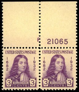 US Sc 724 VF/MNH PAIR w/Plate# - 1932 3¢ - William Penn at Age 22 - See Scan