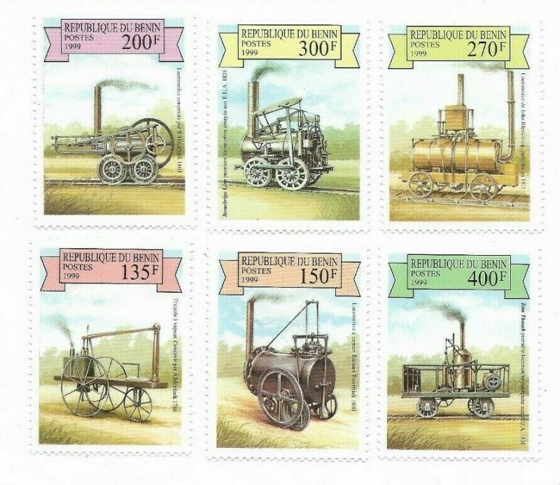 BENIN YEAR 1999 OLD TRAINS LOCOMOTIVES 6 VALUES + SOUVENIR SHEET RAILWAYS MNH