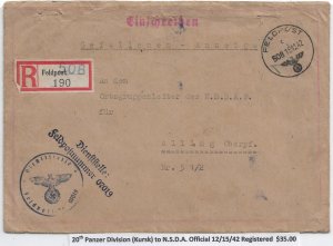 WW2: German Feldpost: 20th Panzer Div. (Kursk, Russia) to N.S.D.A. (M6694)