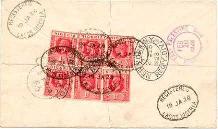 Nigeria 1d KGV (6) 1928 Registered Lagos, Nigeria to East Palestine, Ohio.  R...