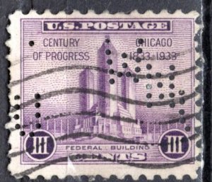 U.S.A.; 1933; Sc. # 729;  Used Single Stamp W/Perfins