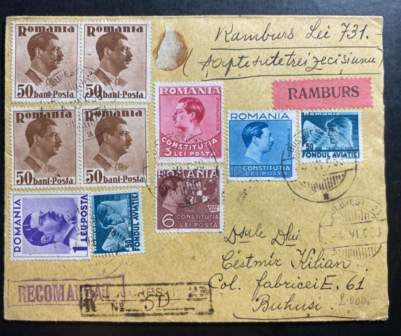 1938 Bucarest Romania Commercial Registered Cover To Buhusi M Martin 