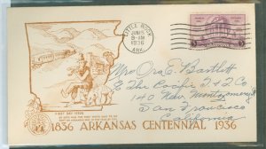 US 782 1936 3c Arkansas Statehood Centennial (single) on an addressed FDC with an Arkansas Centennial Kirschner cachet