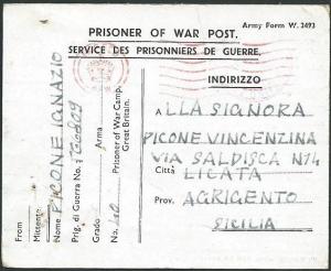 GB 1945 POW card camp 40 to Italy..........................................40864