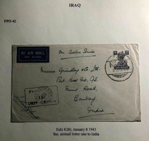 1943 Eski Kifri Iraq Indian Base Censored Airmail OAs Cover To Bombay India