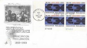 1963 FDC, #1233, 5c Emancipation Proclamation, Art Craft, plate block of 4