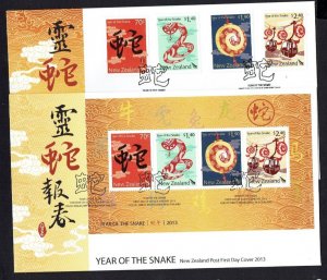 New Zealand 2013  Chinese New Year, Year of the Snake,  2 FDC's Includes M/Sheet