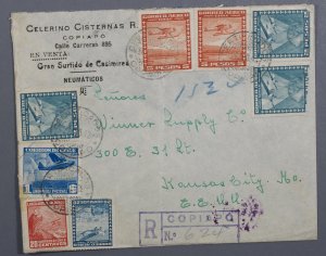 Chile Registered Mail Sep 8 1942 to Kansas City MO w/ 8 Chile Airmail Stamps