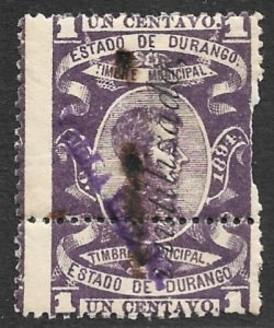 MEXICO 1893-94 1c DURANGO Municipal Revenue w Inutilizado Ovpt  VILLA DU71B Used