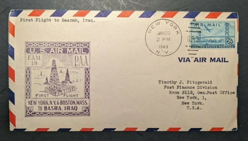 1949 New York City USA First Flight Airmail Cover to Basrah Iraq