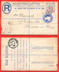 RP22 QV 2d Blue Registered Envelope Size F Used Uprated