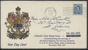 1948 #276 Royal Wedding FDC Talbot Coat of Arms Cachet Ottawa Machine