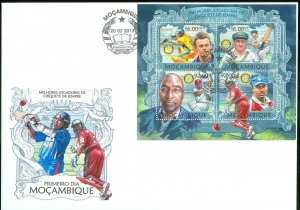 MOZAMBIQUE 2013 CRICKET CHAMPIONS OF ALL TIME SHEET OF FOUR STAMPS FDC