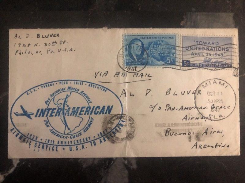 1947 Miami USA First Flight cover FFC To Bueno Aires Argentina Inter American