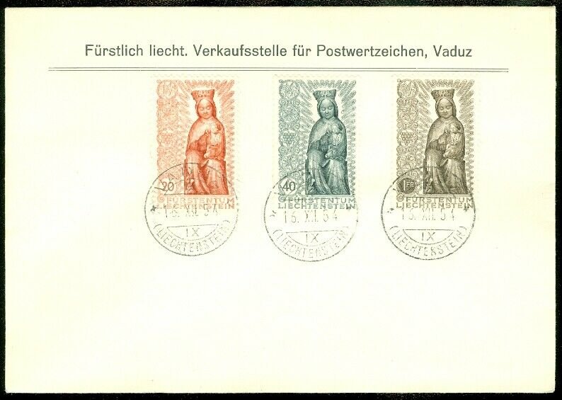 EDW1949SELL : LIECHTENSTEIN Beautiful 1954 FDC of Scott #284-86. Religion.