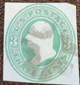 US Scott # U163; used 3c Washington cut sq. from 1881; green on blue;; Fine
