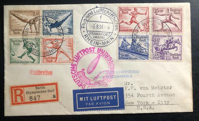 1936 Germany Hindenberg Zeppelin LZ 129 Olympics Cover comp set # B82-B89 To Usa