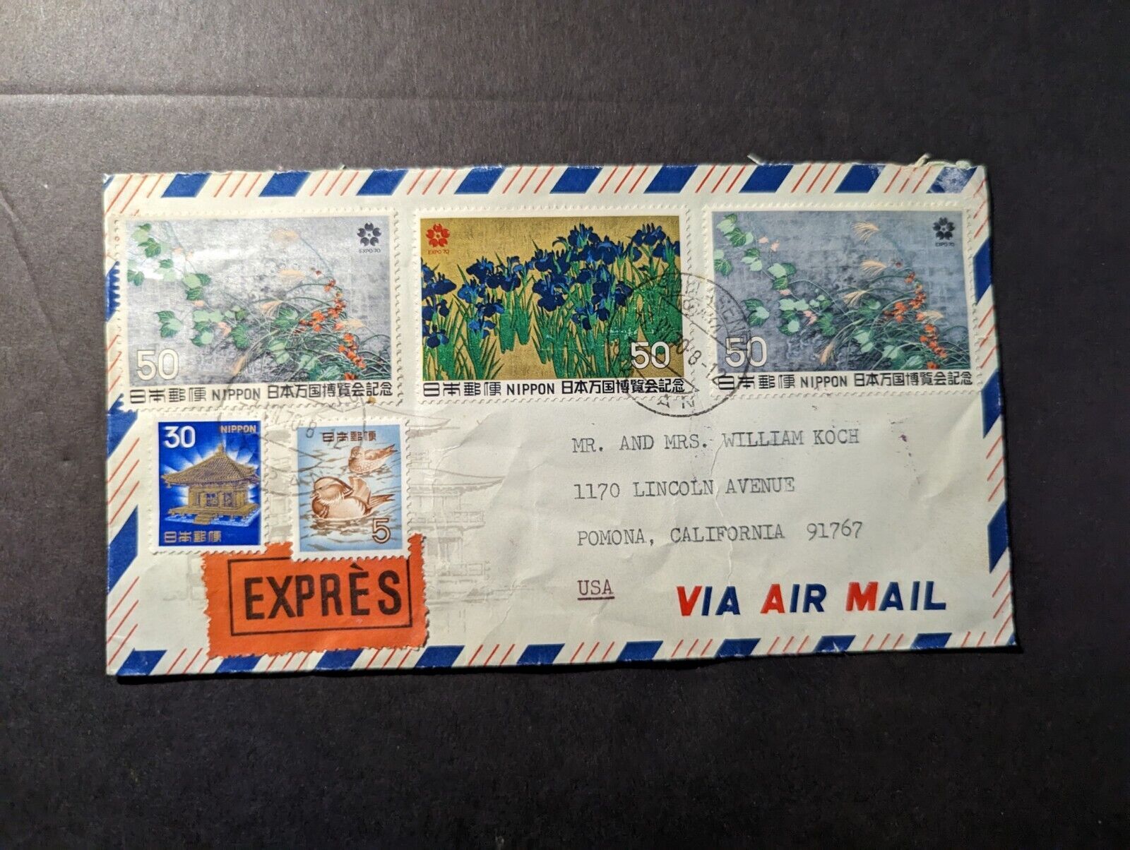 1970 Express Japan Airmail Cover Osaka to Pomona CA USA William Koch