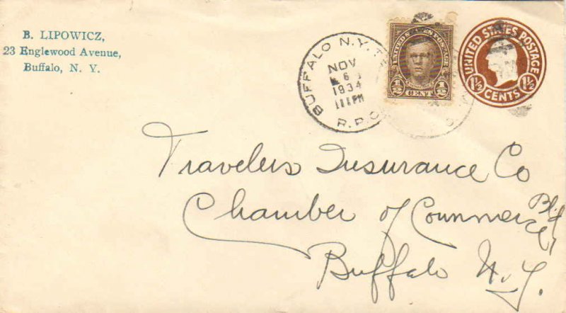 United States U.S. R.P.O.'s Buffalo Term. 1934 150-C-21  Postal Stationery En...
