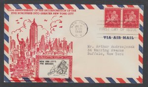 US Planty C38-9 FDC. 1948 5c 5 Boroughs of NYC, Crosby Photo cachet, addressed