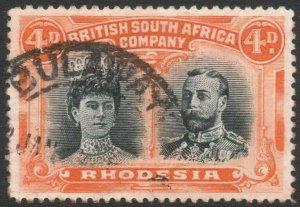 RHODESIA-1910-13 4d Black & Orange Sg 140 FINE USED V43861