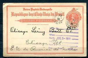 Brazil 1911 Postal Stationary Card to USA  Used 10453