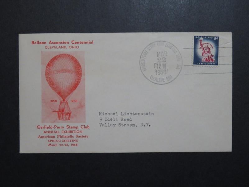 US 1958 Balloon Ascension Centennial Red Cacheted Cover  - Z8789