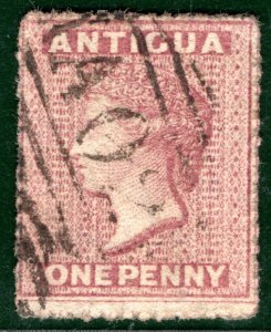 ANTIGUA QV Classic Stamp  SG.5 1d Rosy Mauve (1863) Used A02 Cat £80+ GRBLUE1