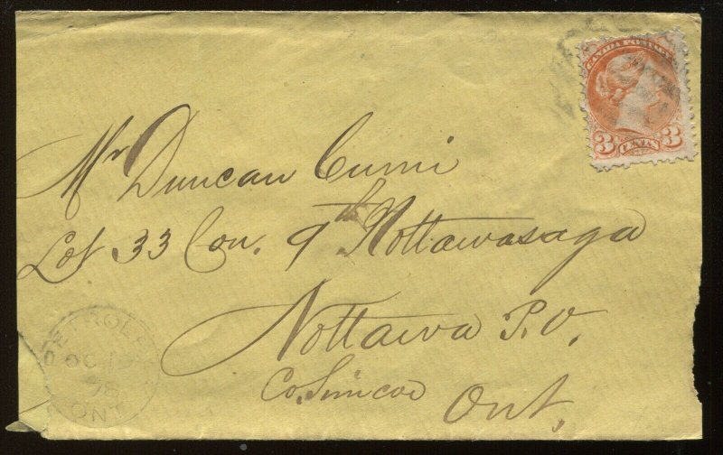 3 Cents Small Queen on 1878 Collingwood cover to Nottawa ON