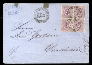 Danzig, 1877 (9 April) outer folded letter to Warsaw, franked with Germany 4x...