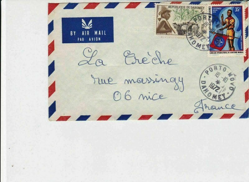 republique du dahomey 1972 farmer & flag bearer airmail stamps cover ref 20218 