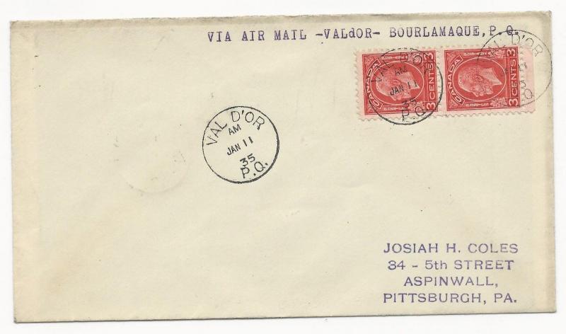 Canada Scott #192 Pair on Cover Via Air Mail January 11, 1935 Val D'or