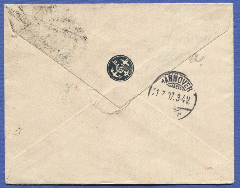 GERMANY 1897 Ship Letter,10pfg x 2 on cover, SOUTHAMPTON / SHIP LETTER