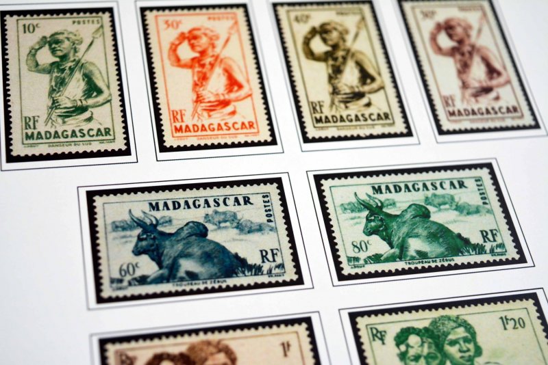 COLOR PRINTED FRENCH MADAGASCAR 1889-1957  STAMP ALBUM PAGES (46 illustr. pages)