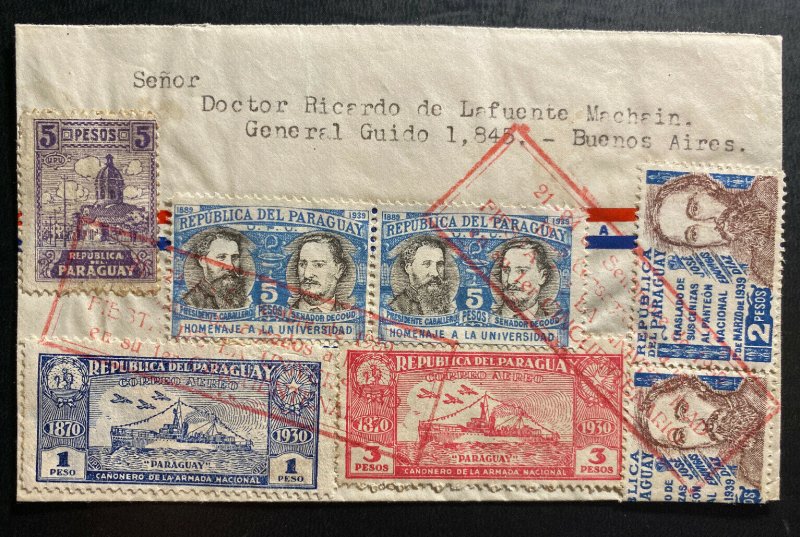 1939 Asuncion Paraguay Airmail cover to Buenos Aires Argentina University Cancel