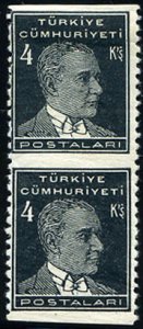Turkey #744var, 1931 4k slate, vertical pair imperf. horizontally, hinged