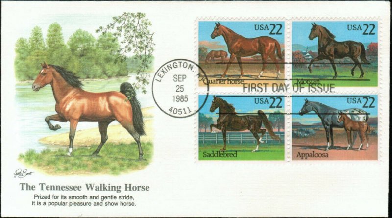 US 1985 Fleetwood Cachet FDC Horses Complete issue of 5,Sc # 2155-2158,2158a,