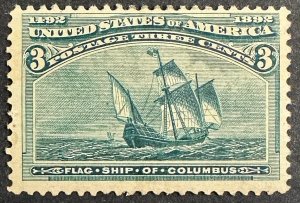 US #232 MH F/VF 3c Columbus (w/Hinge & Paper Stuck on Back) 1893 SCV~$35 [$092]