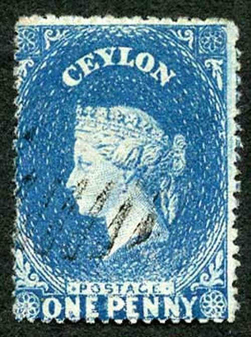 Ceylon SG28a 1d Dull Blue Wmk Star Rough Perf 14 to 15.5 BLUED Paper