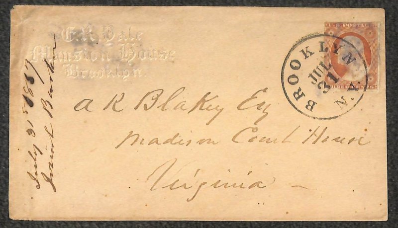 USA 11 STAMP BROOKLYN NEW YORK MANSION HOUSE HOTEL ADVERTISING COVER 1857 FF