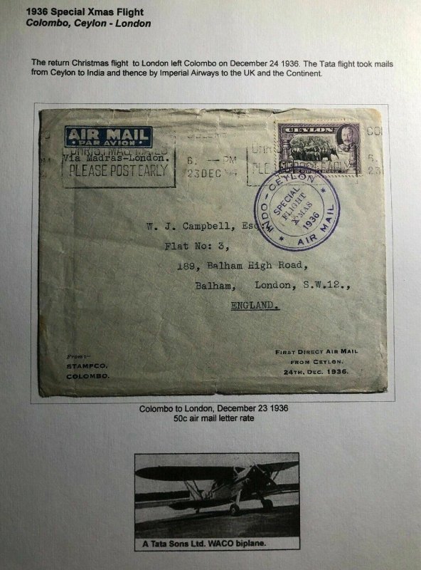 1936 Colombo Ceylon Special Christmas Flight Cover To London England Via India