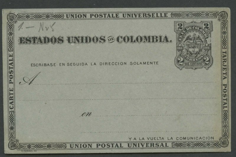 COLOMBIA UPU 1883 HG 6 MINT 2C POSTAL CARD BLACK ON GRAY AS SHOWN