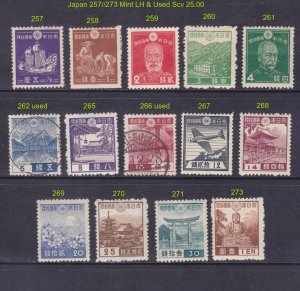 Japan 257//273 Mint & 2 Used 1937-45 Issues Scv $25.00