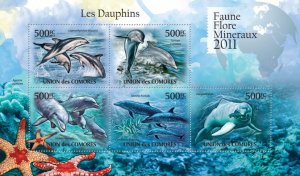 COMOROS - 2011 - Dolphins - Perf 5v Sheet - Mint Never Hinged