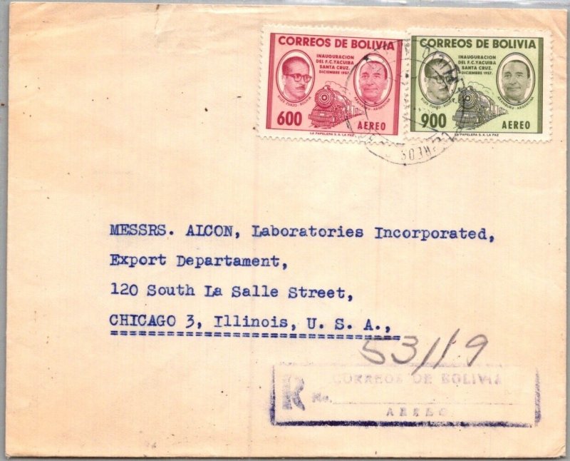 BOLIVIA POSTAL HISTORY AIRMAIL REG COVER ADDR USA CANC YRS'1950-60 