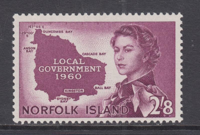 Norfolk Island Sc 42 MLH. 1960 2sh8p rose violet QEII & Map, complete set, VLH