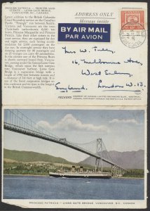 1952 Lions Gate Bridge Folkard Vancouver Hollyburn to England 15c Air Mail #314