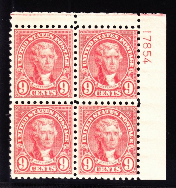 US 590 9c Jefferson Mint Top Right Side Plate Block VF OG NH SCV $225