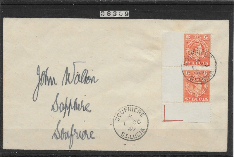 ST.LUCIA SG151 var MURRAY PAYNE 32a 1951 6c ORANGE IMPERF L.MARGIN PAIR ON CVR 