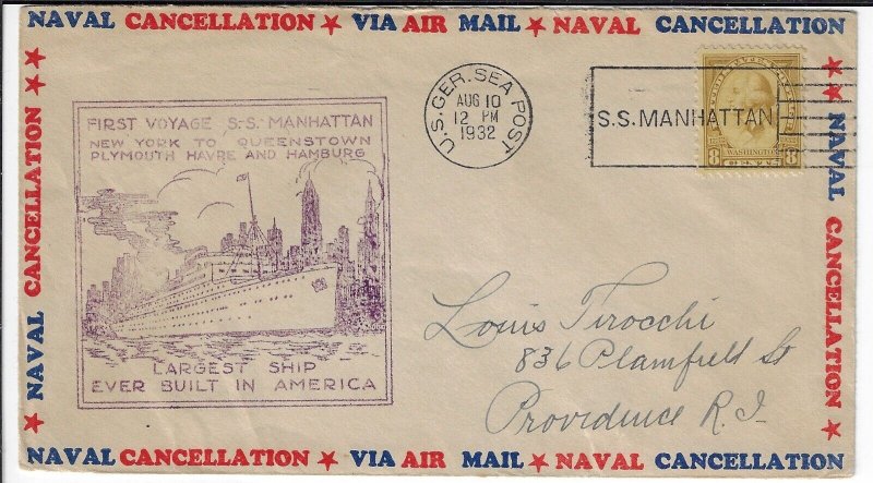 1932 1st Voyage SS Manhattan cachet cvr w/ US German Sea Post cxl,Sc# 713  (c158